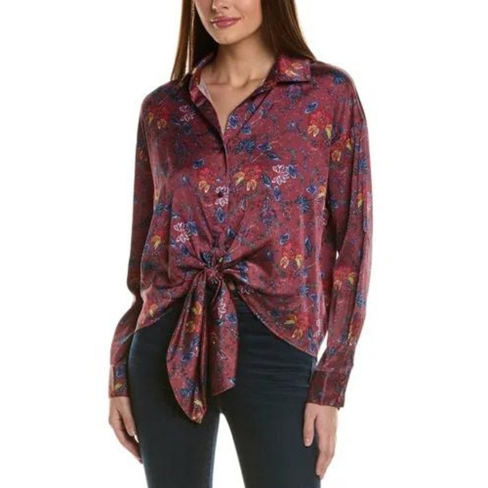 Hutch Robbie Burgundy Floral Paisley Front Tie Button Down Blouse Top Size M